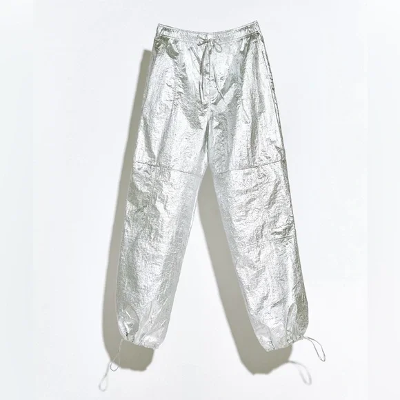 ZARA METALLIC PARACHUTE PANTS SILVER - Picture 4 of 4